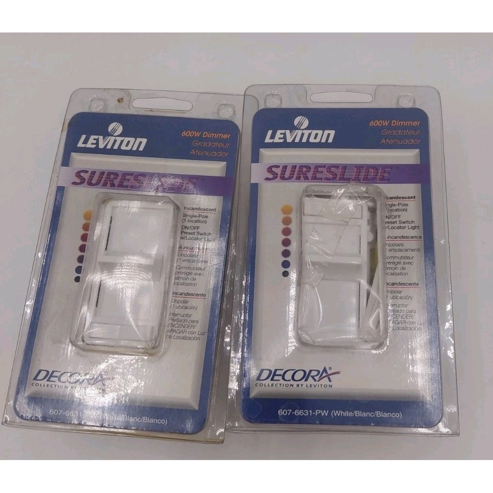 2 Leviton Decora Sureslide Dimmer 600W White 607-6631-PW Preset Switch Lot NIB